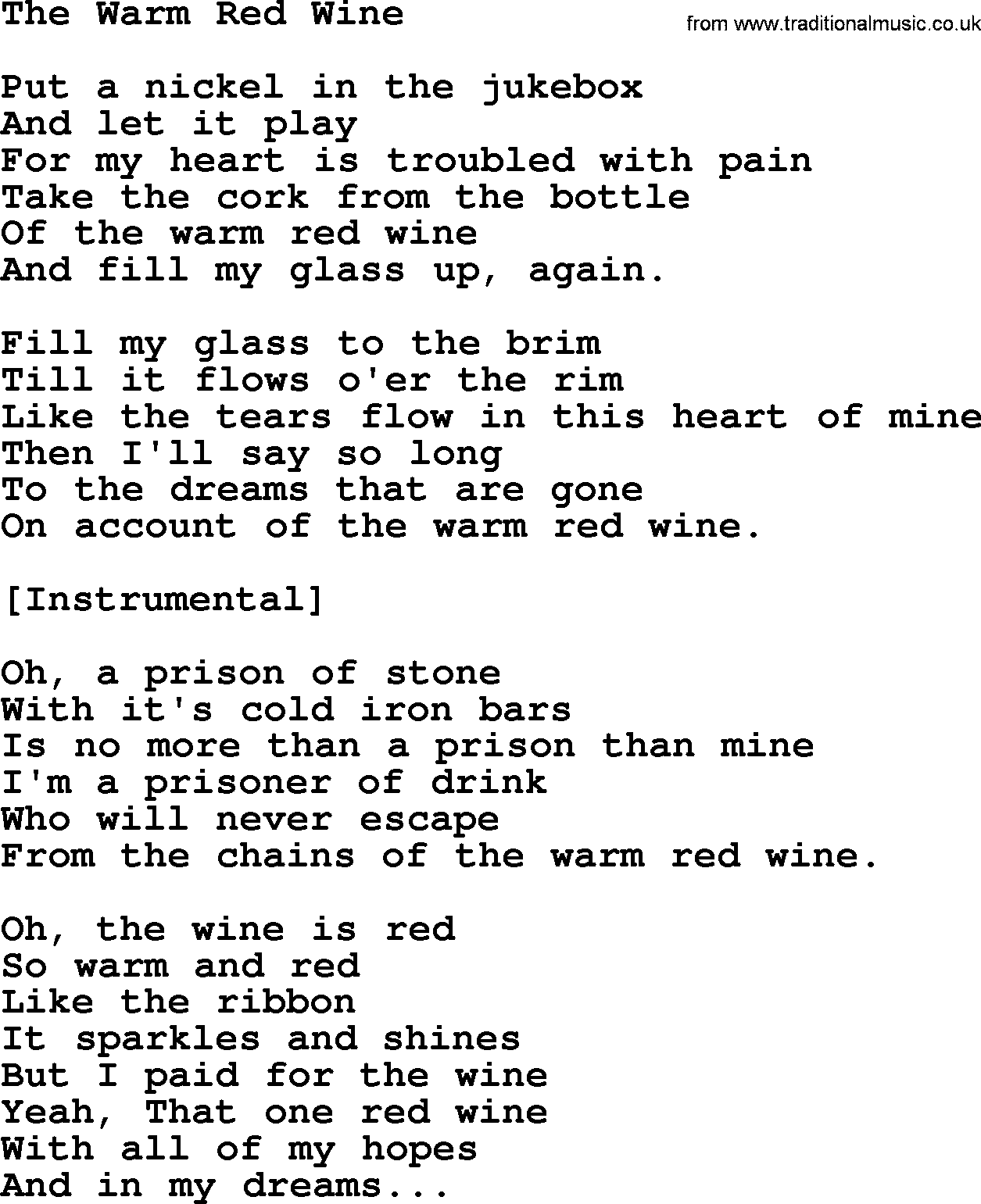 Willie Nelson song: The Warm Red Wine lyrics