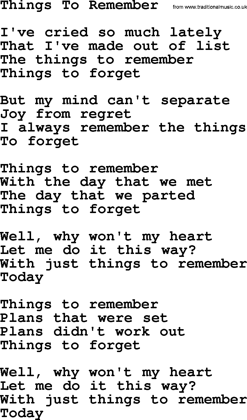 Willie Nelson song: Things To Remember lyrics