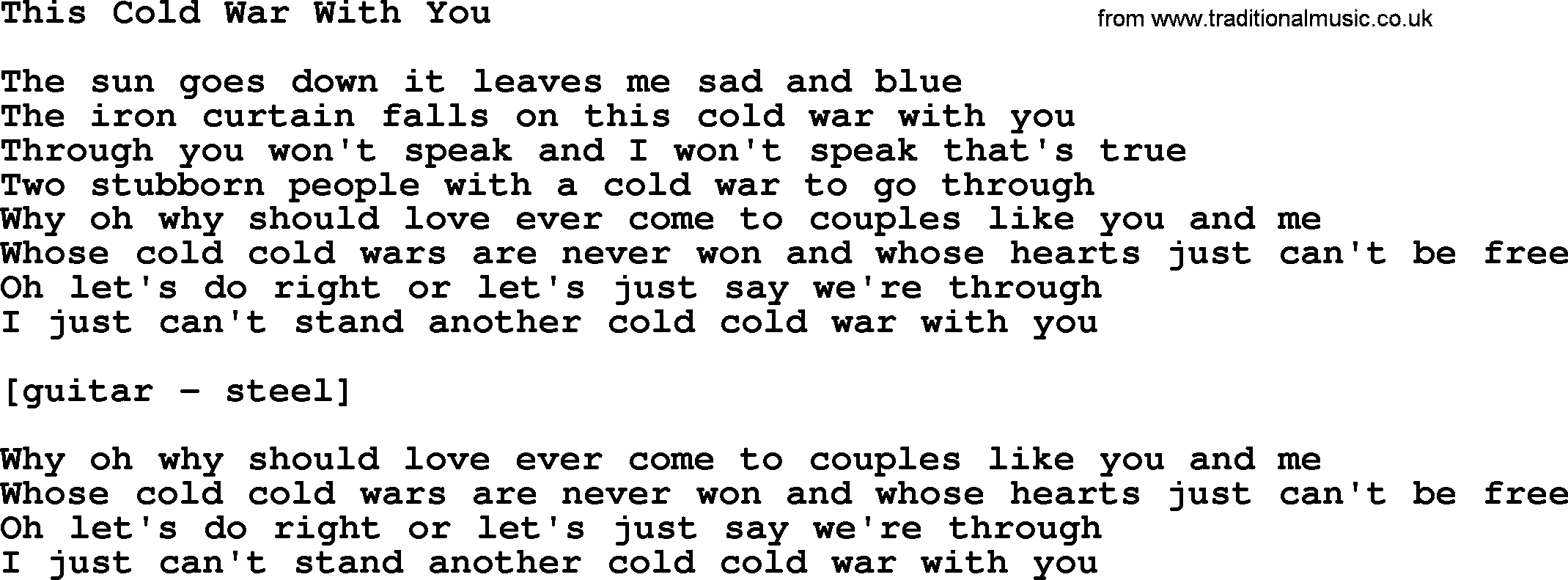 Willie Nelson song: This Cold War With You lyrics
