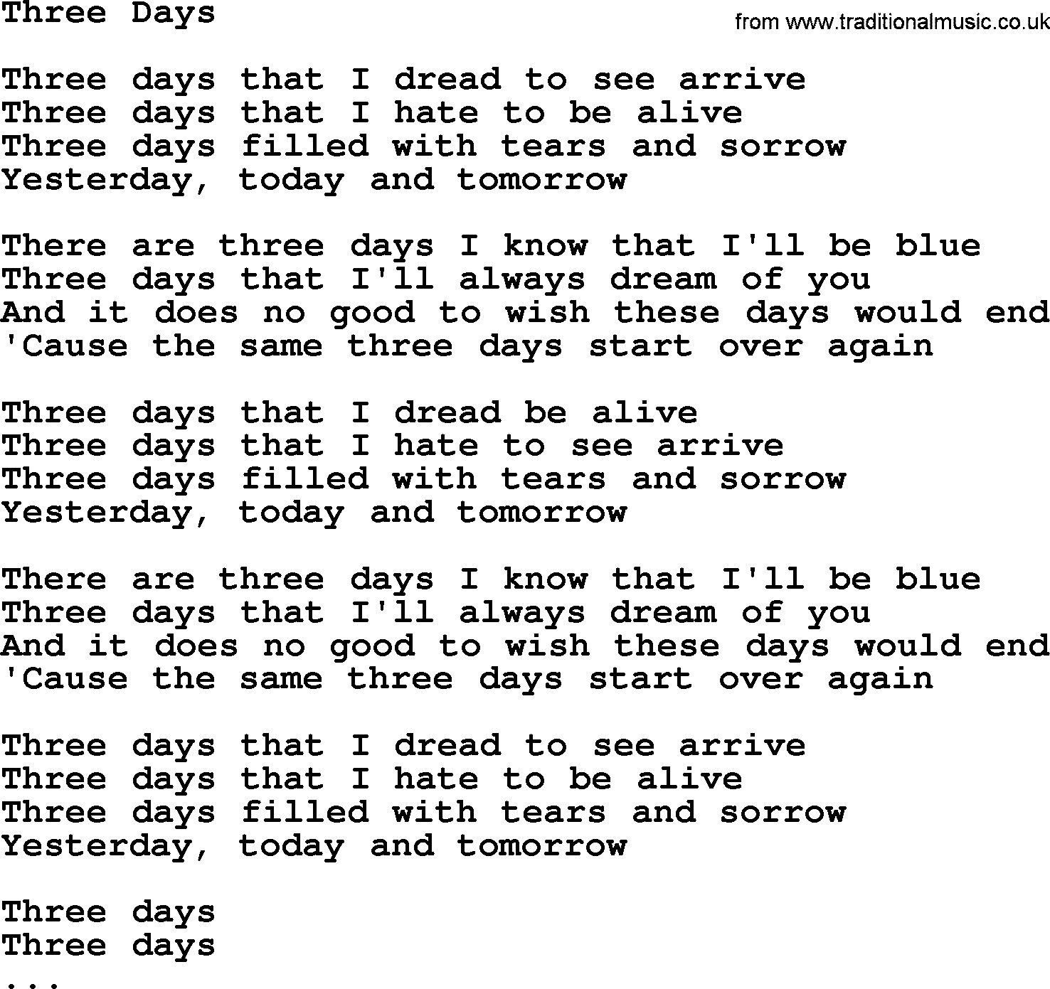 Willie Nelson song: Three Days lyrics