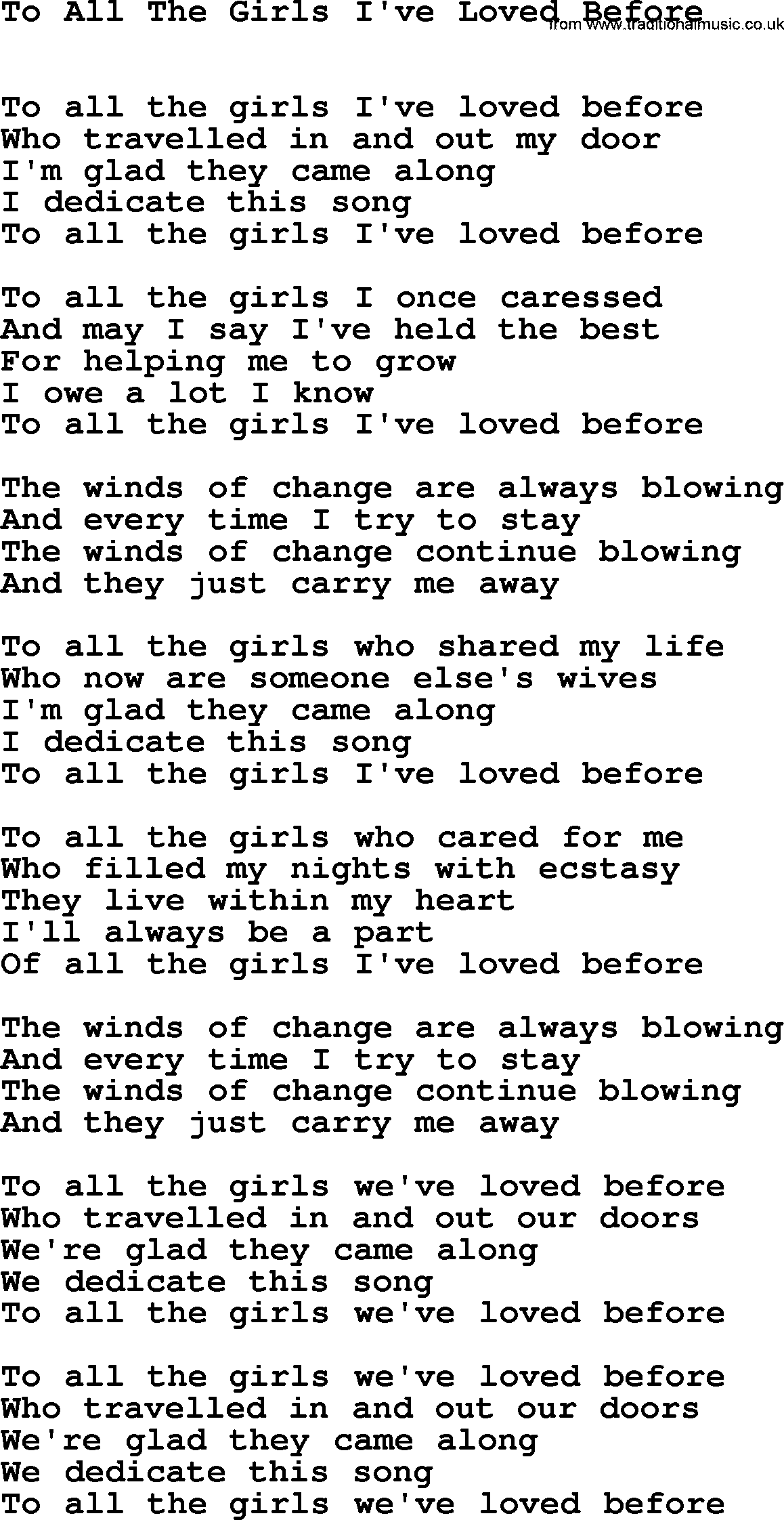 Willie Nelson song: To All The Girls I've Loved Before lyrics