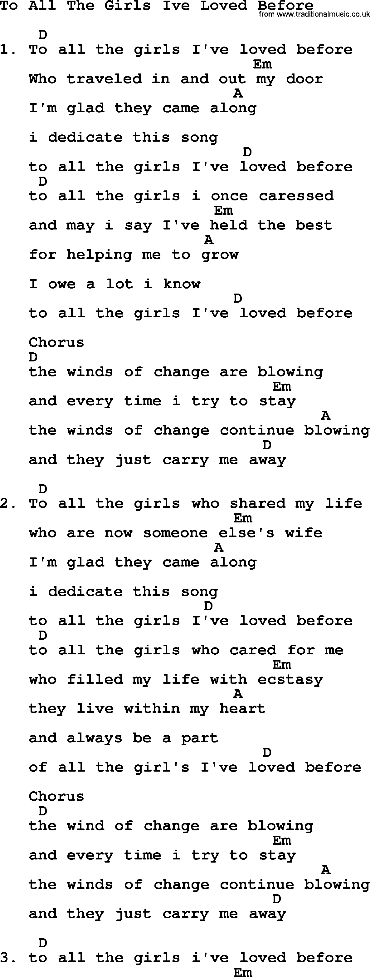 Willie Nelson song: To All The Girls Ive Loved Before, lyrics and chords