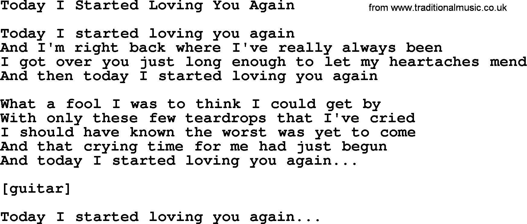 Willie Nelson song: Today I Started Loving You Again lyrics