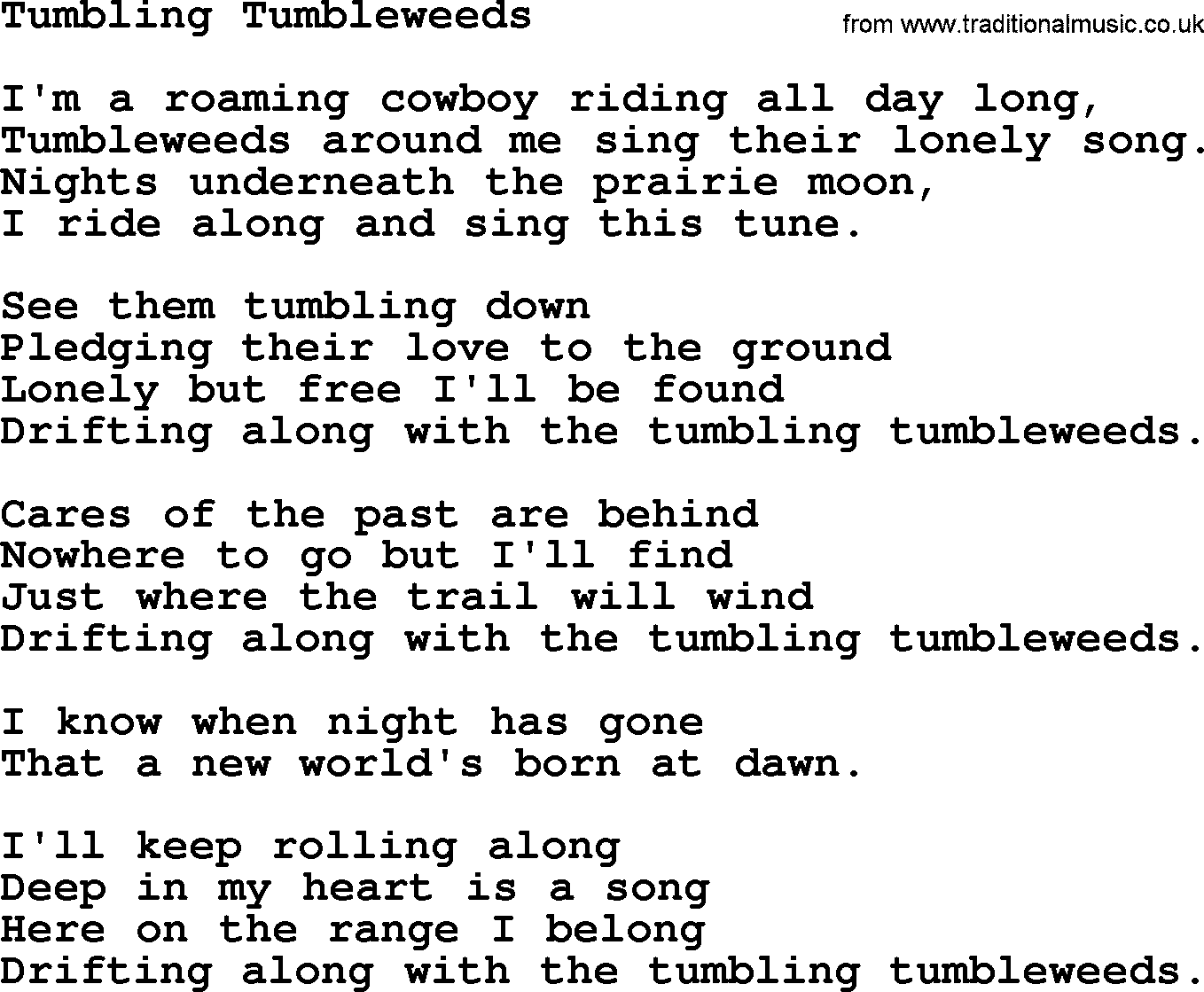 Willie Nelson song: Tumbling Tumbleweeds lyrics