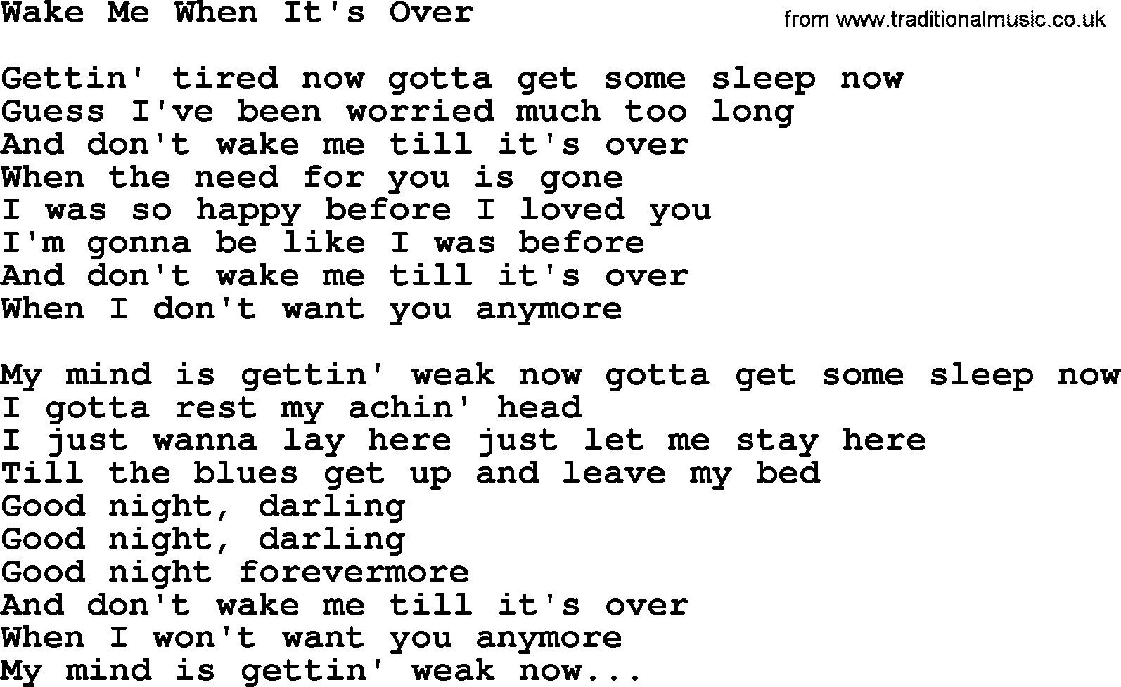 Willie Nelson song: Wake Me When It's Over lyrics