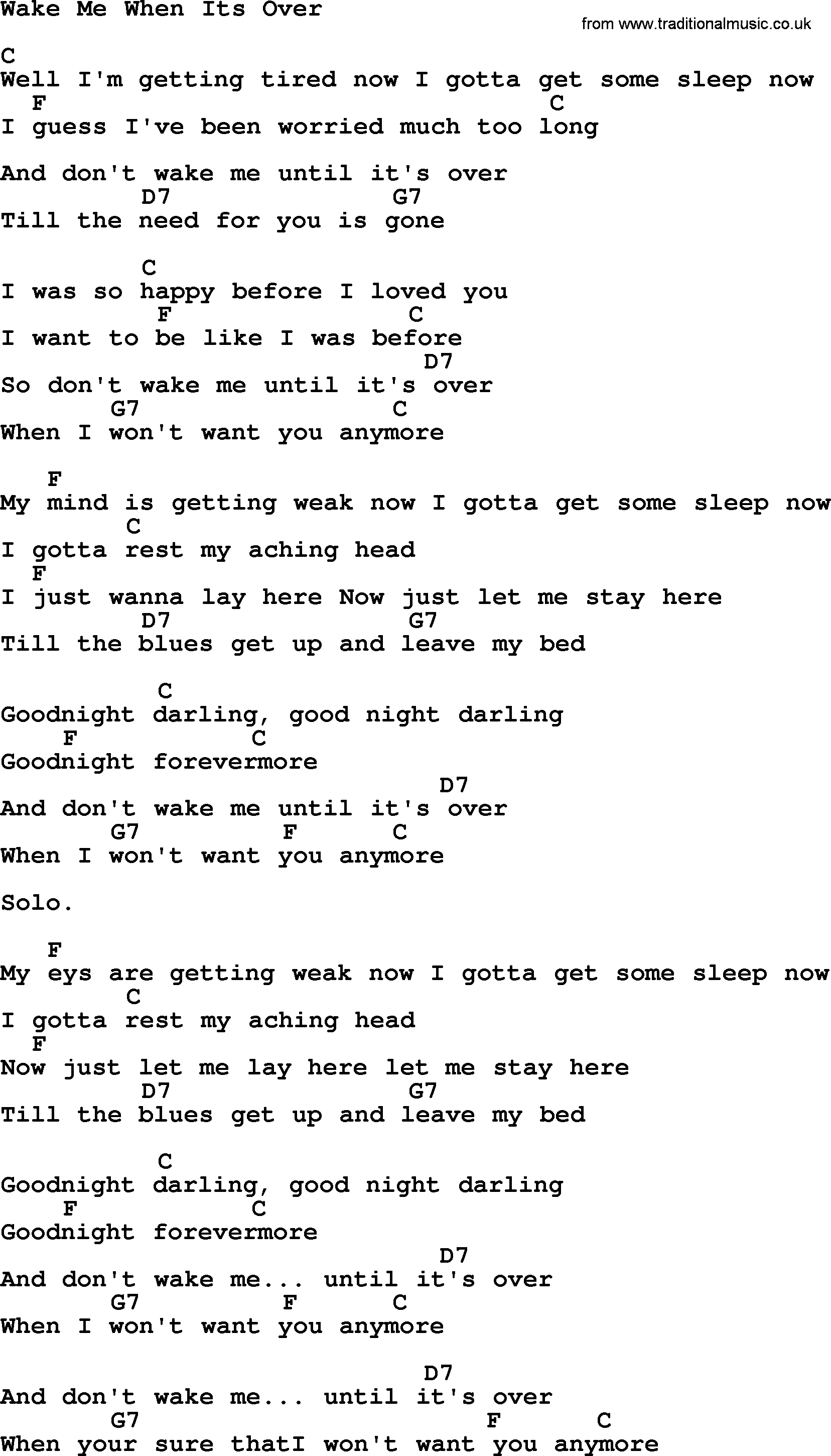 Willie Nelson song: Wake Me When Its Over, lyrics and chords