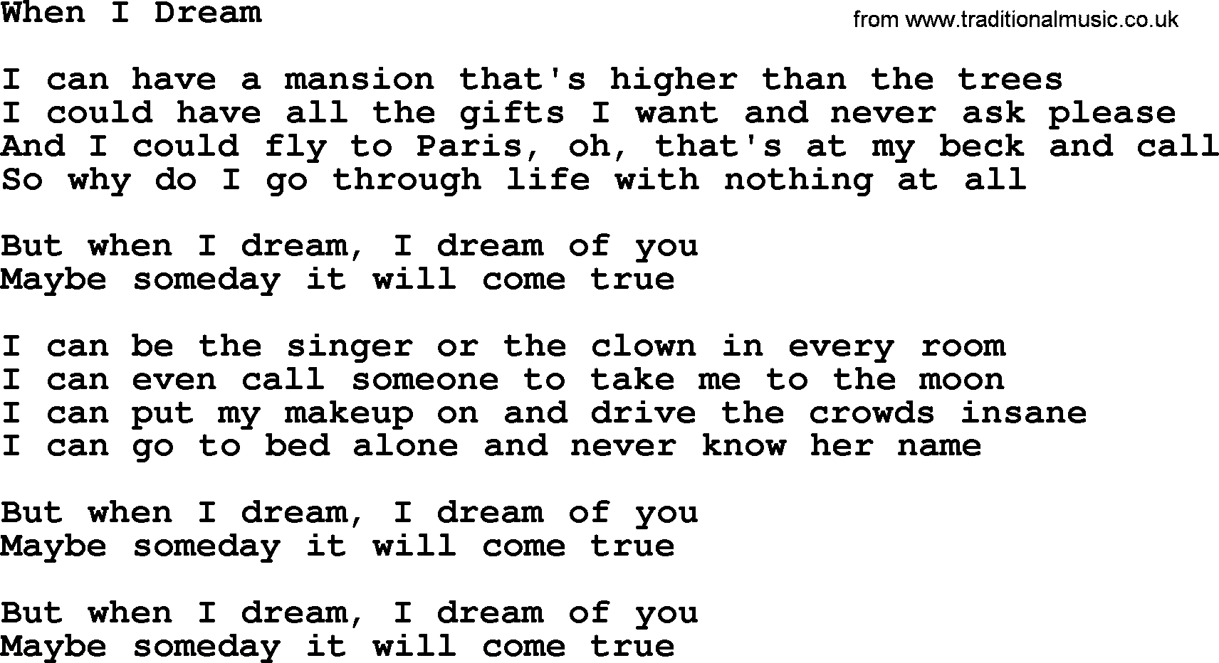 Willie Nelson song: When I Dream lyrics