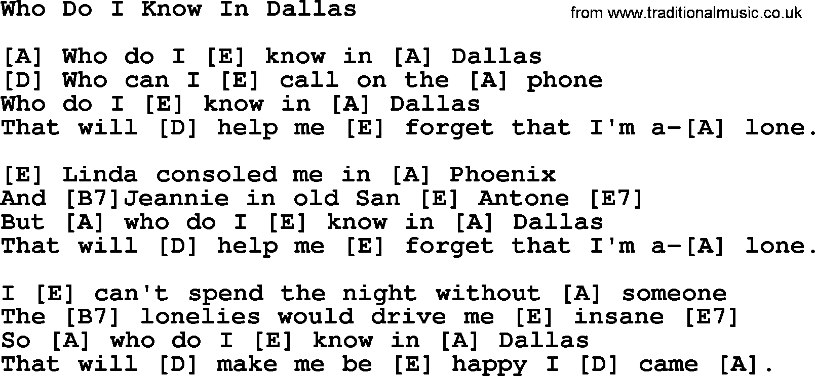 Willie Nelson song: Who Do I Know In Dallas, lyrics and chords