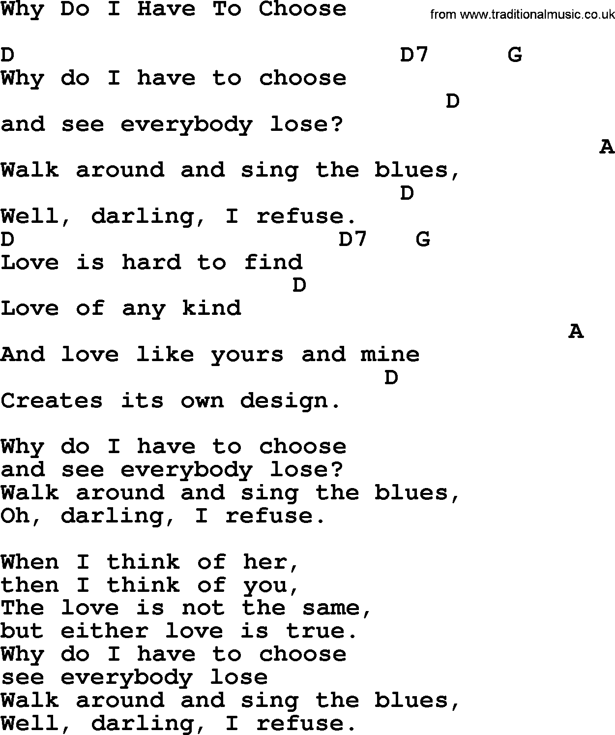 Willie Nelson song: Why Do I Have To Choose, lyrics and chords