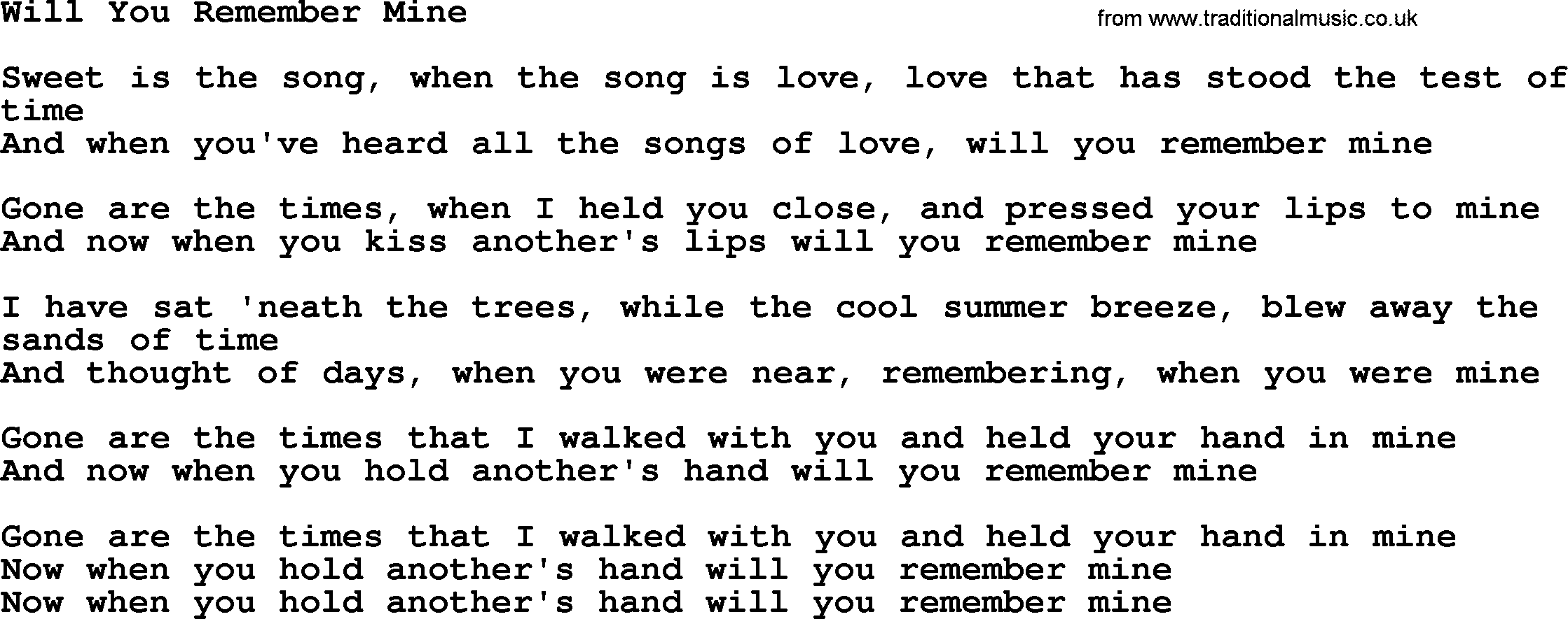 Willie Nelson song: Will You Remember Mine lyrics
