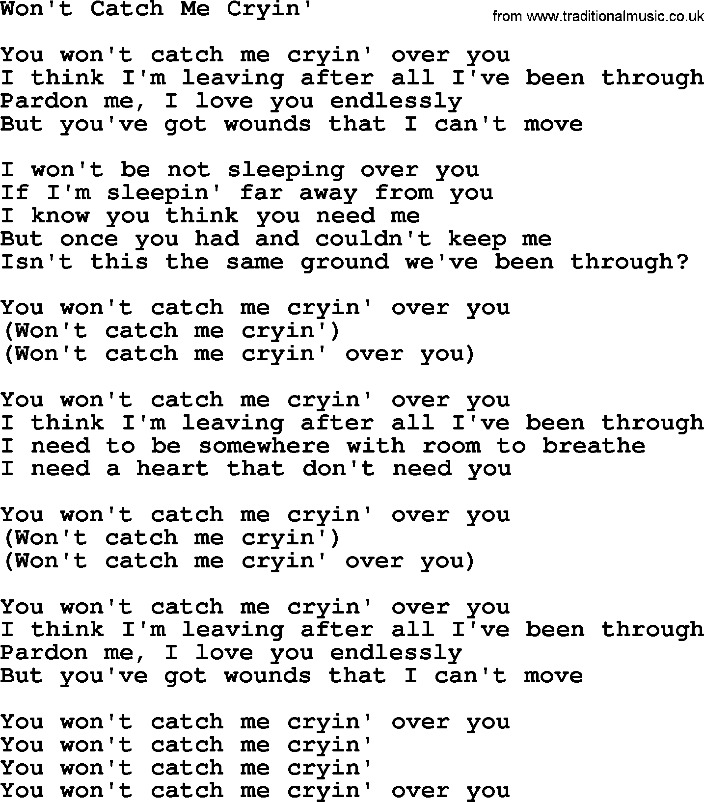 Willie Nelson song: Won't Catch Me Cryin' lyrics