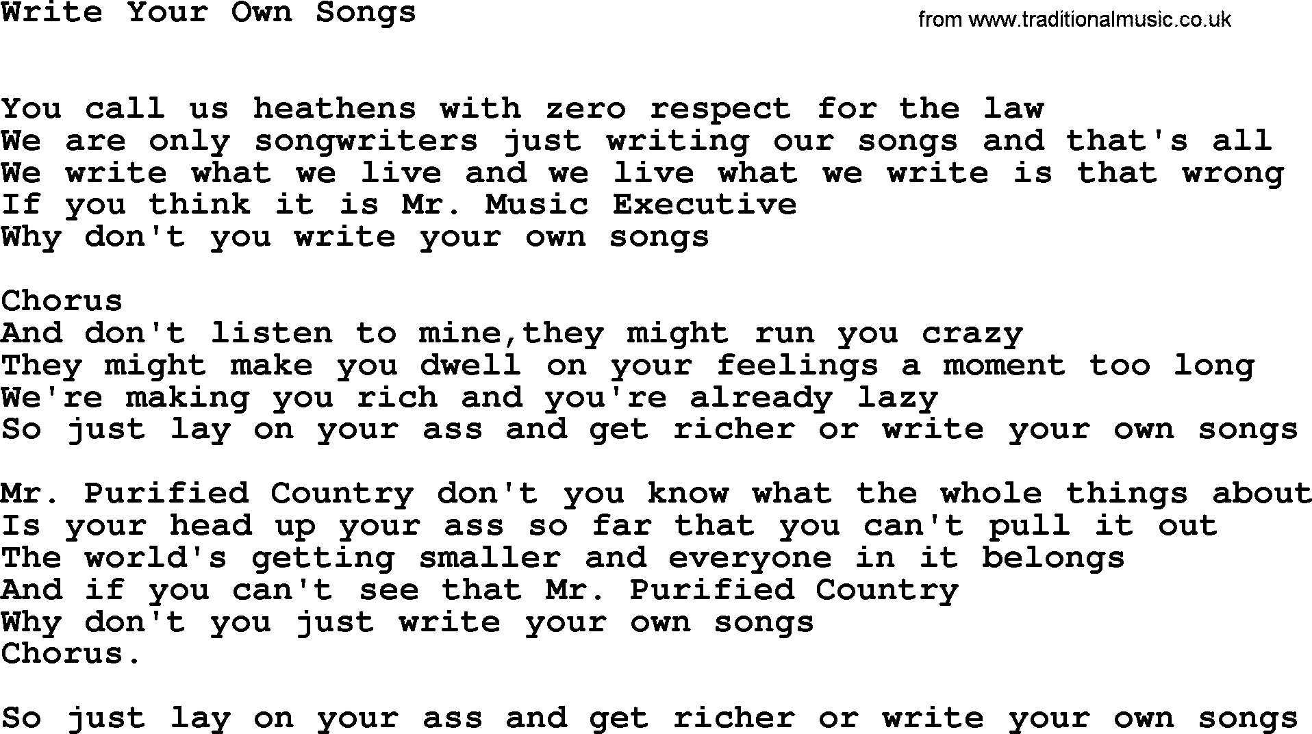 Willie Nelson song: Write Your Own Songs lyrics