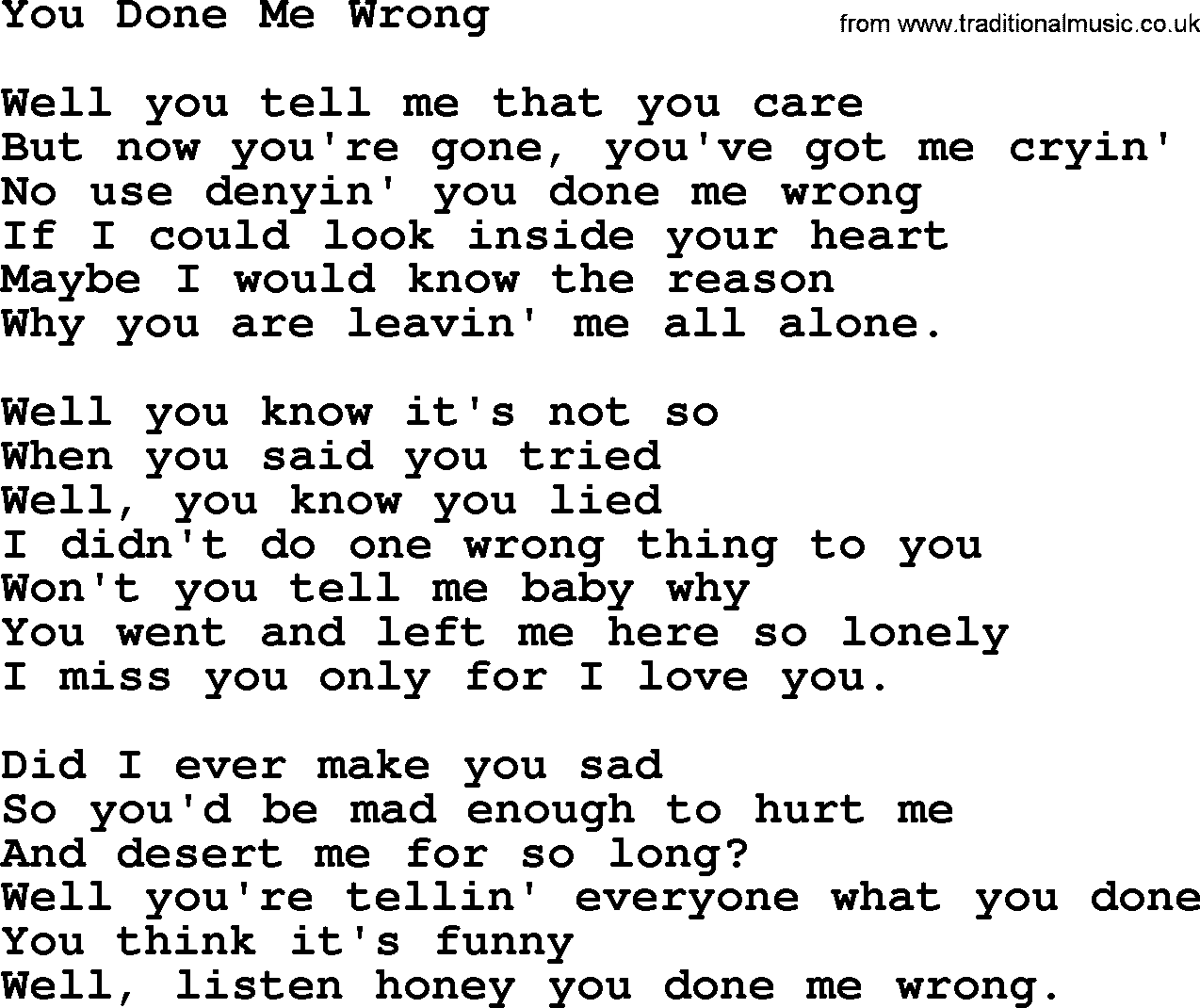 Willie Nelson song: You Done Me Wrong lyrics
