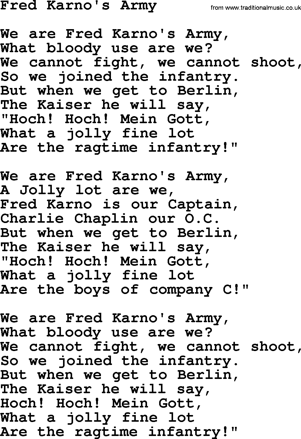 World War(WW1) One Song: Fred Karno's Army, lyrics and PDF