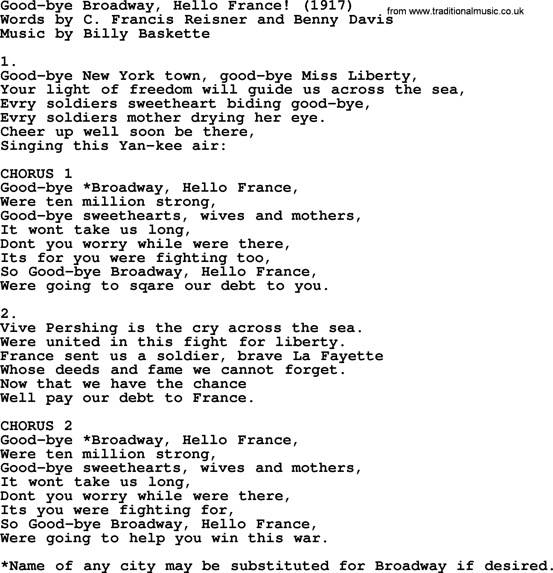 World War(WW1) One Song: Good-Bye Broadway, Hello France 1917, lyrics and PDF