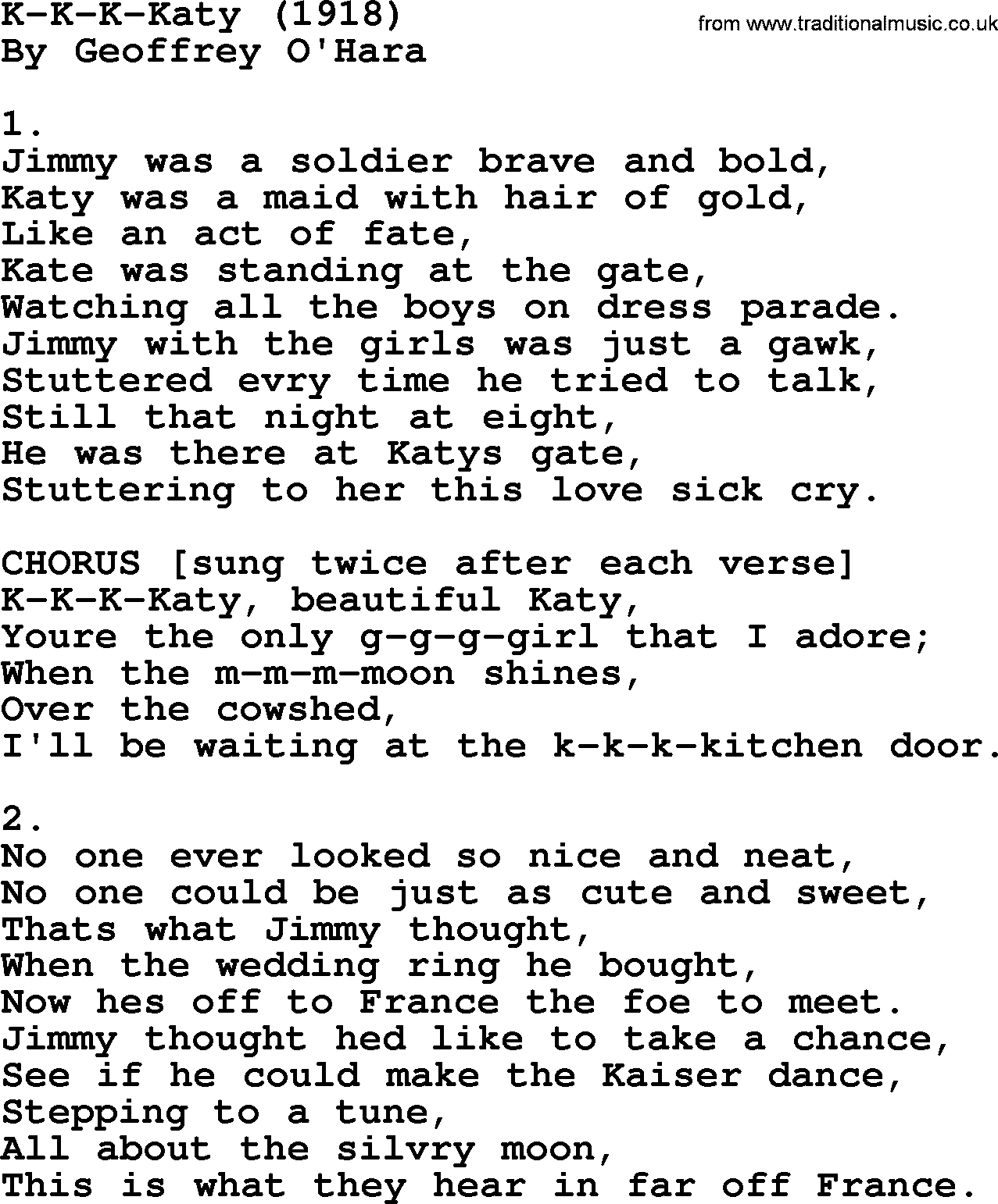 World War(WW1) One Song: K-K-K-Katy 1918, lyrics and PDF