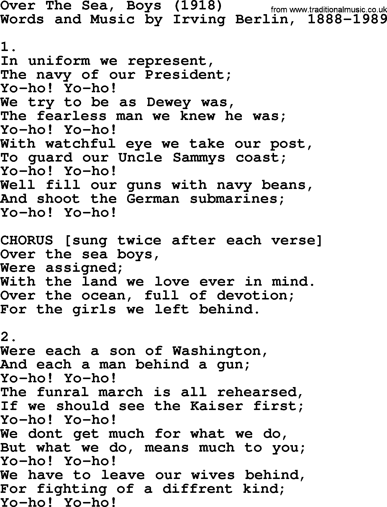 World War(WW1) One Song: Over The Sea, Boys 1918, lyrics and PDF