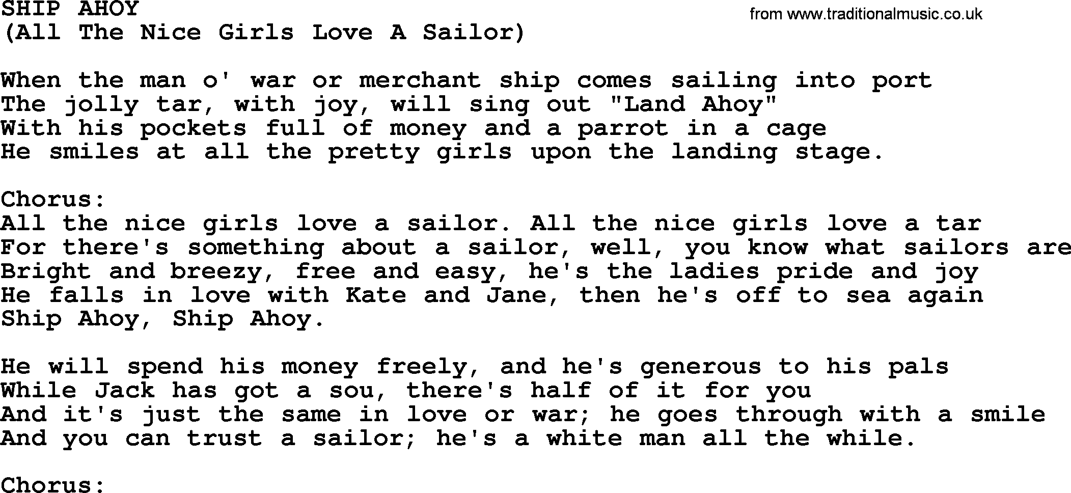 World War(WW1) One Song: Ship Ahoy, lyrics and PDF