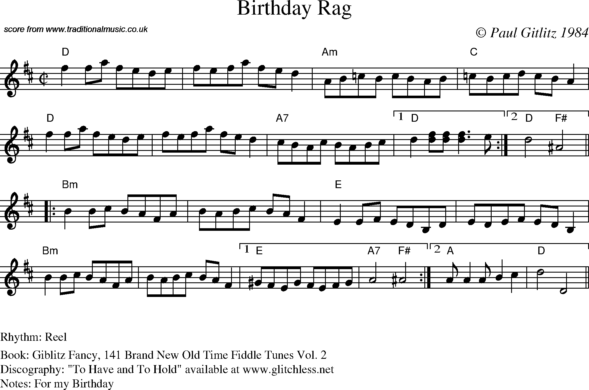 Sheet Music Score for Reel - Birthday Rag