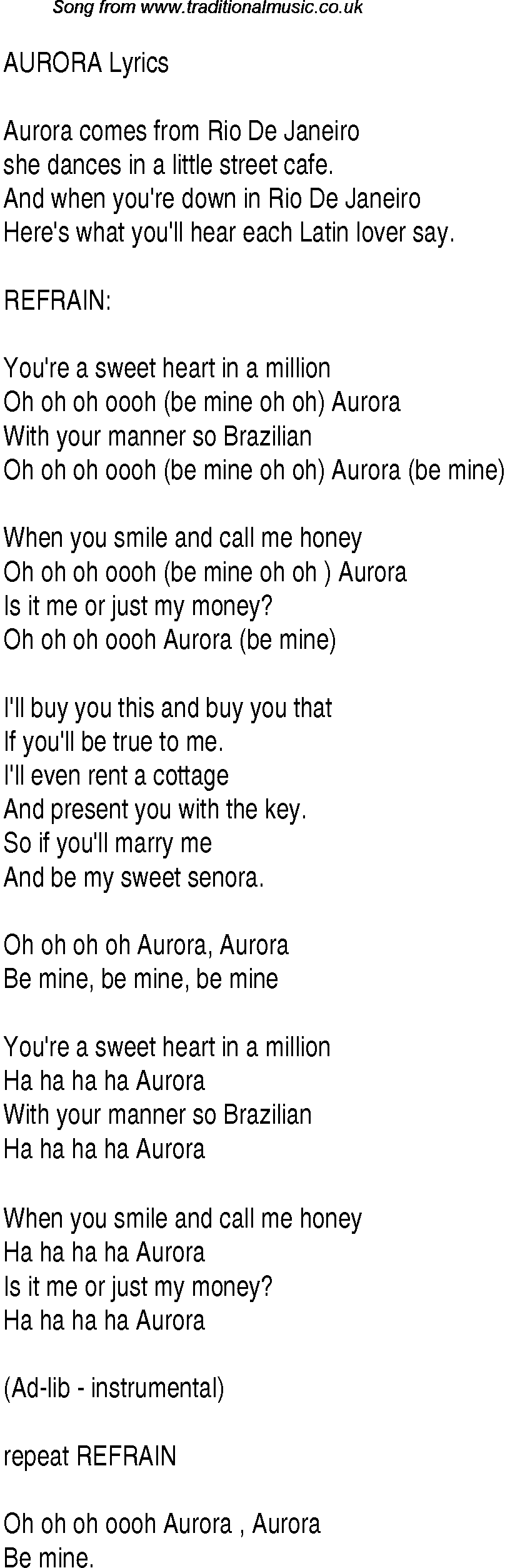 1940s top songs - lyrics for Aurora(Andrews Sisters)