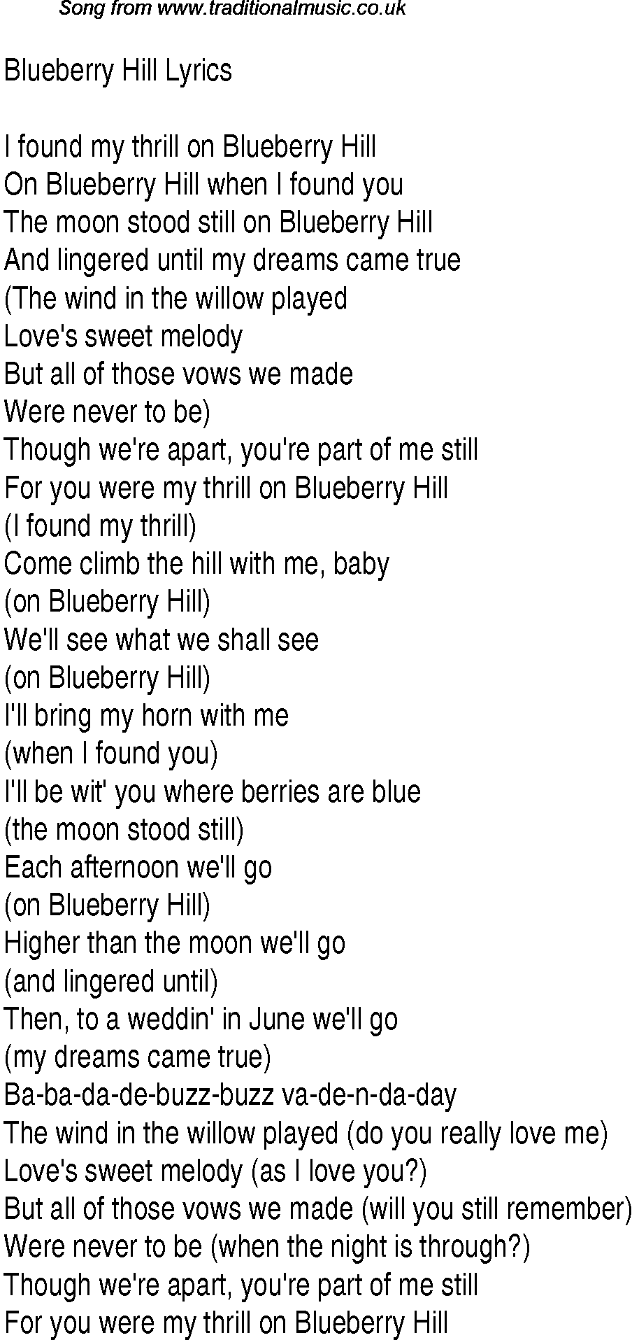 1940s top songs - lyrics for Blueberry Hill(Glen Miller)