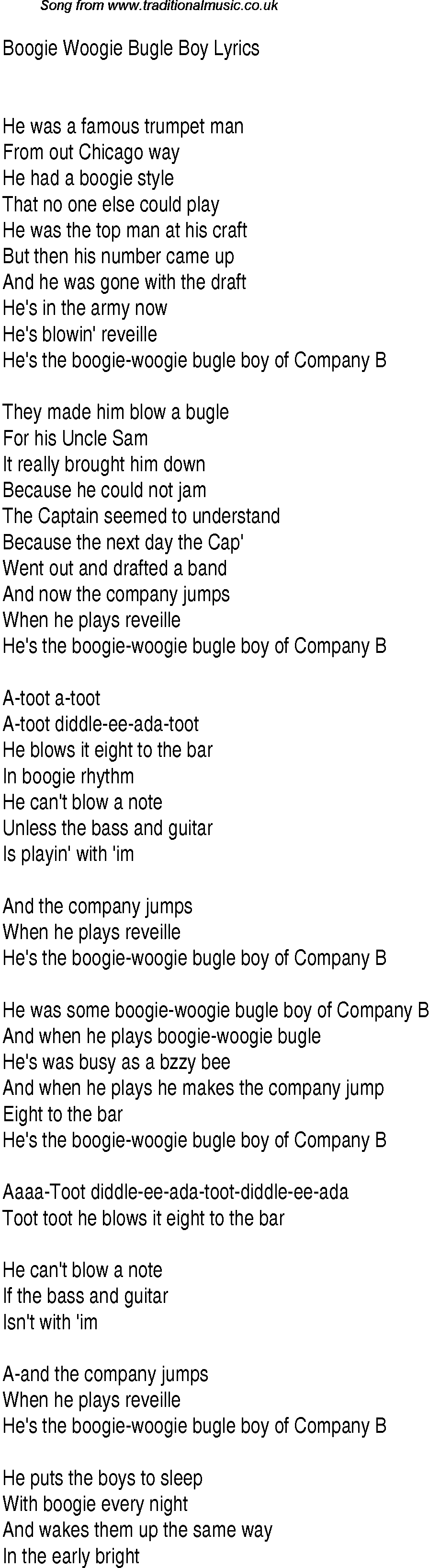 1940s top songs - lyrics for Boogie Woogie Bugle Boy(Andrews Sisters)