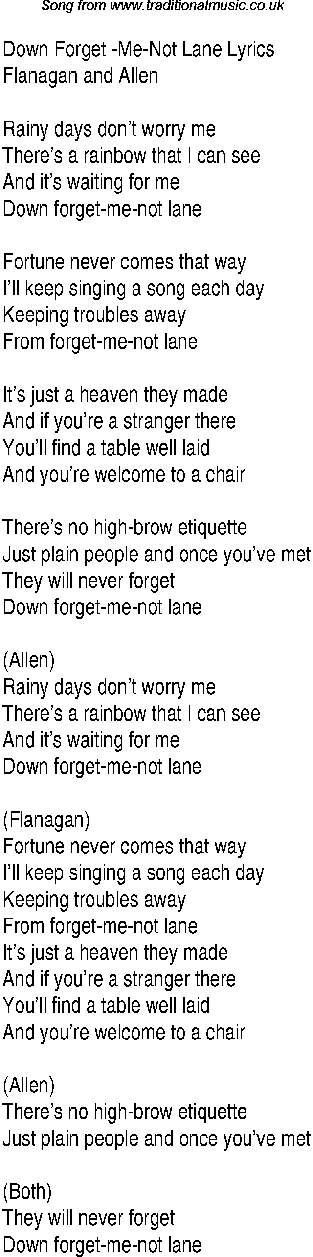 1940s top songs - lyrics for Down Forget  Me Not Lane(Flanagan Allen)