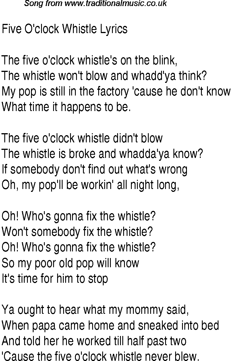 1940s top songs - lyrics for Five Oclock Whistle(Glen Miller)