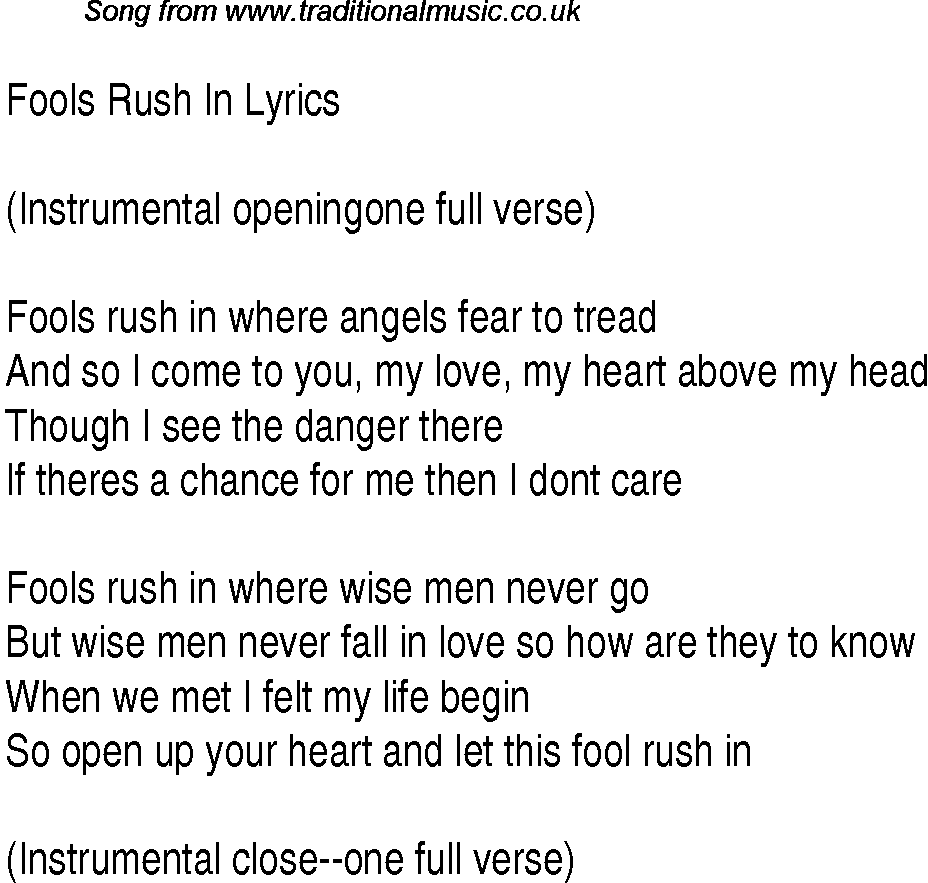 1940s top songs - lyrics for Fools Rush In(Glen Miller)