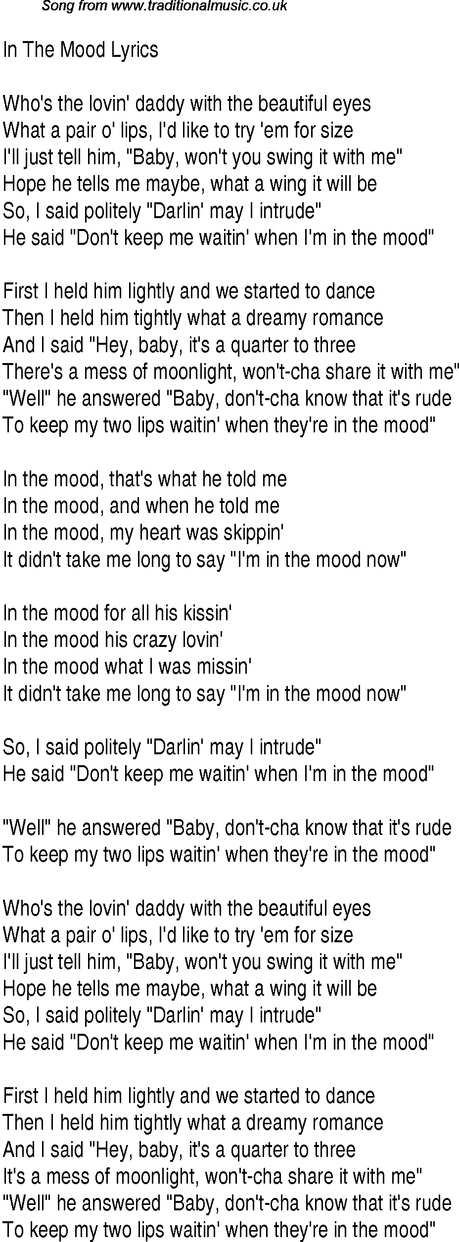 1940s top songs - lyrics for In The Mood(Glen Miller)