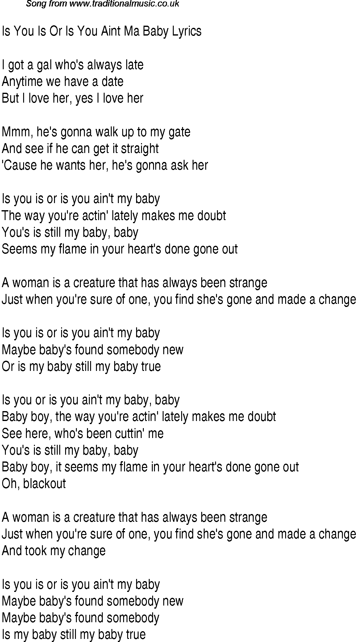 1940s top songs - lyrics for Is You Is Or Is You Aint Ma Baby(Andrews Sisters)