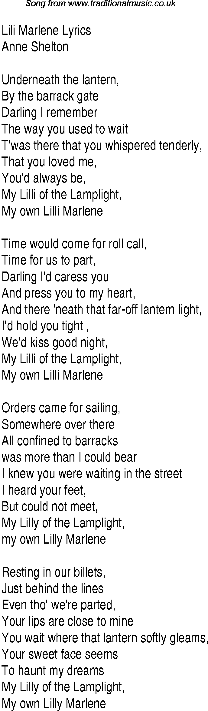 1940s top songs - lyrics for Lili Marlene(Anne Shelton)