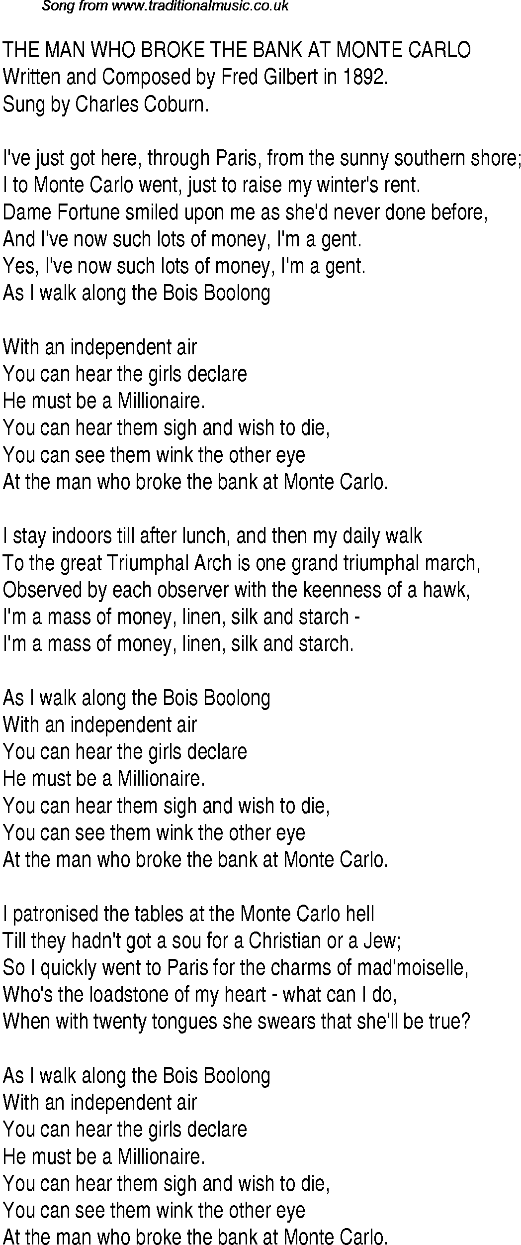 1940s top songs - lyrics for Man Who Broke Bank Monte Carlo