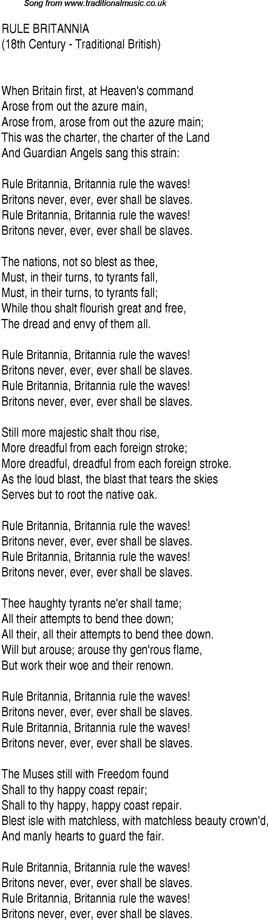 1940s top songs - lyrics for Rule Britannia