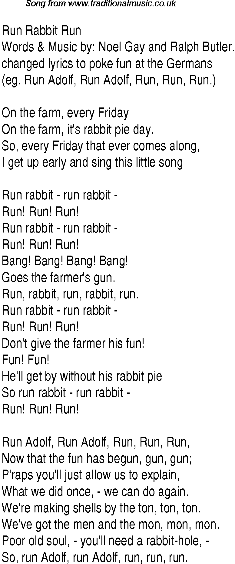 1940s top songs - lyrics for Run Rabbit Run