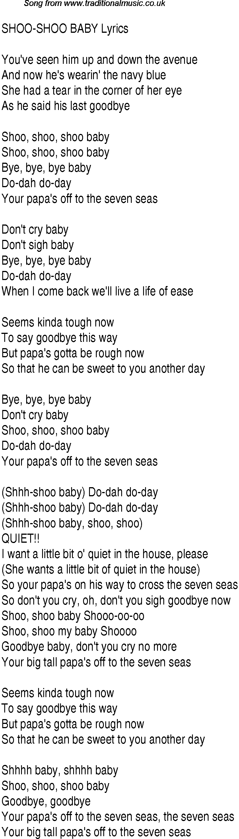 1940s top songs - lyrics for Shoo Shoo Baby(Andrews Sisters)