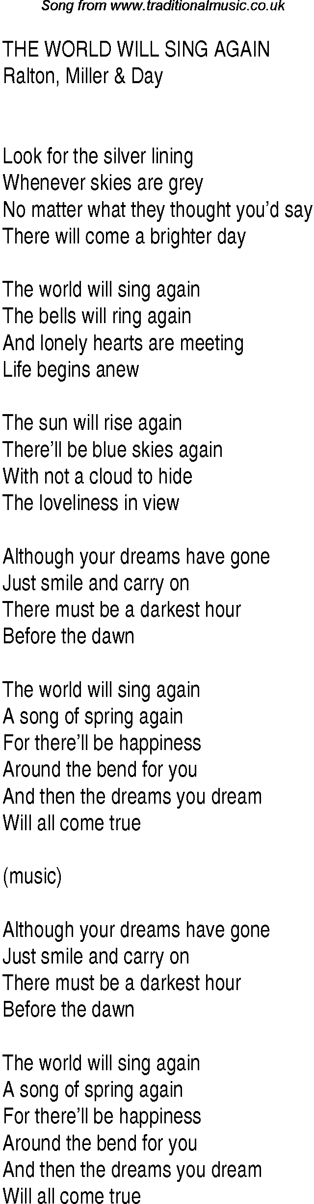 1940s top songs - lyrics for The World Will Sing Again