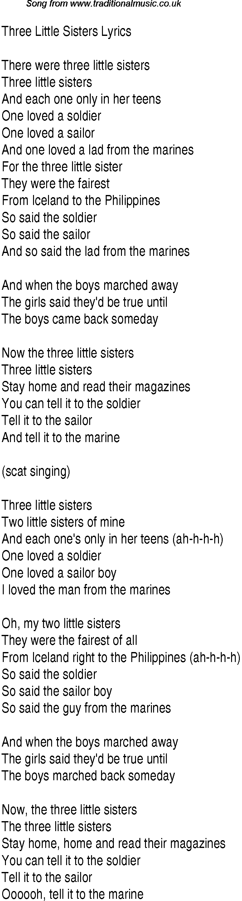 1940s top songs - lyrics for Three Little Sisters(Andrews Sisters)