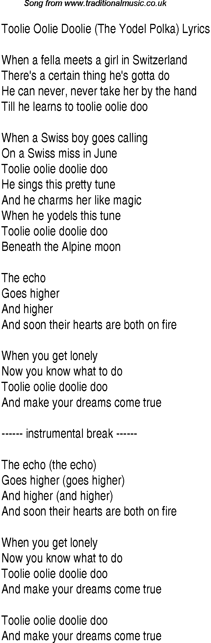 1940s top songs - lyrics for Toolie Oolie Doolie The Yodel Polka(Andrews Sisters)