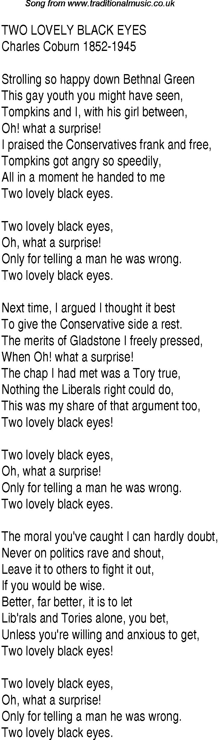 1940s top songs - lyrics for Two Lovely Black Eyes