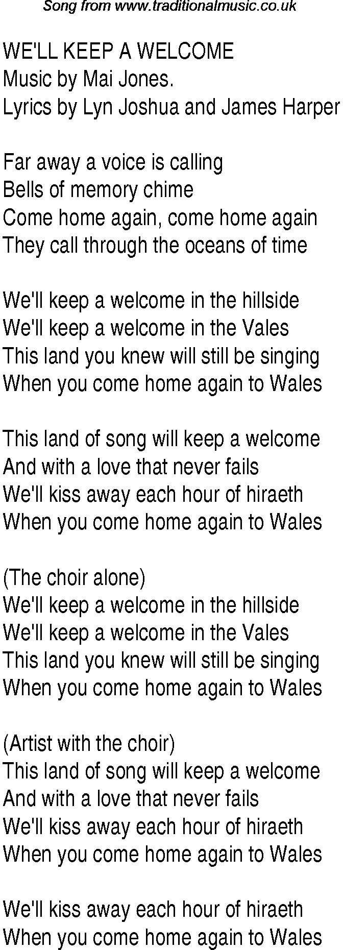 1940s top songs - lyrics for We'll Keep A Welcome