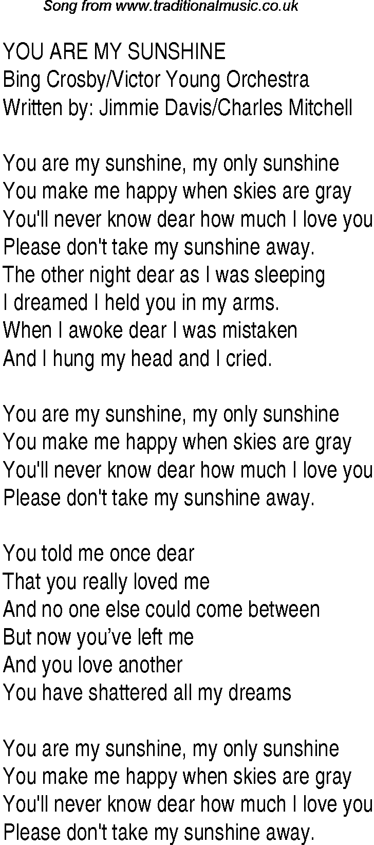 1940s top songs - lyrics for You Are My Sunshine