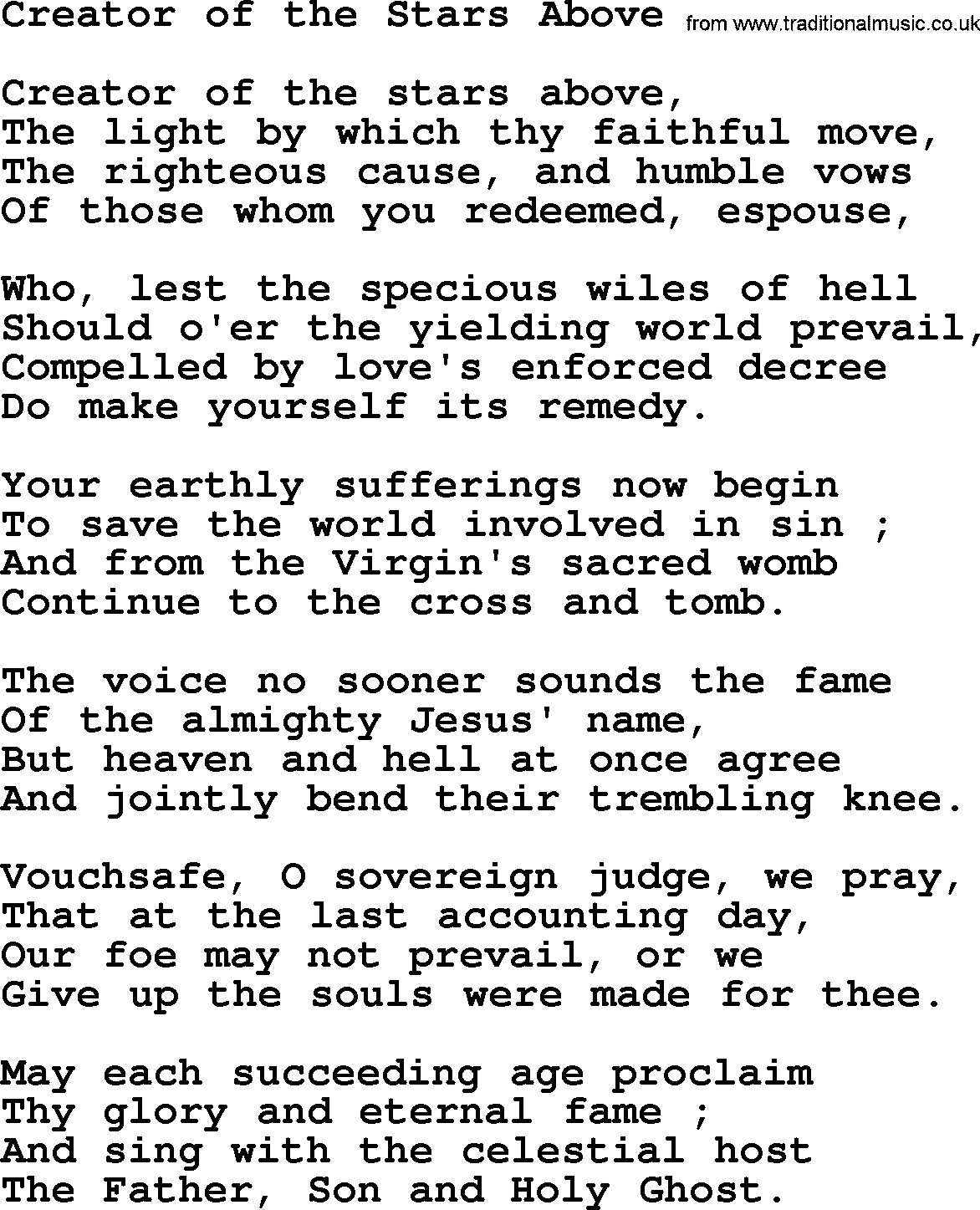 Advent Hymns, Hymn: Creator Of The Stars Above, lyrics with PDF