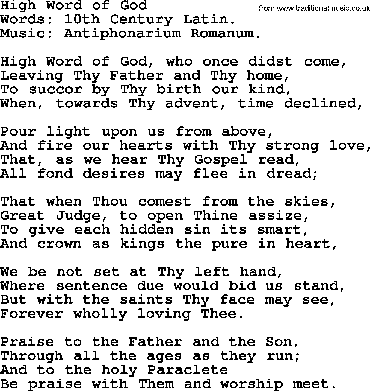 Advent Hymns, Hymn: High Word Of God, lyrics with PDF