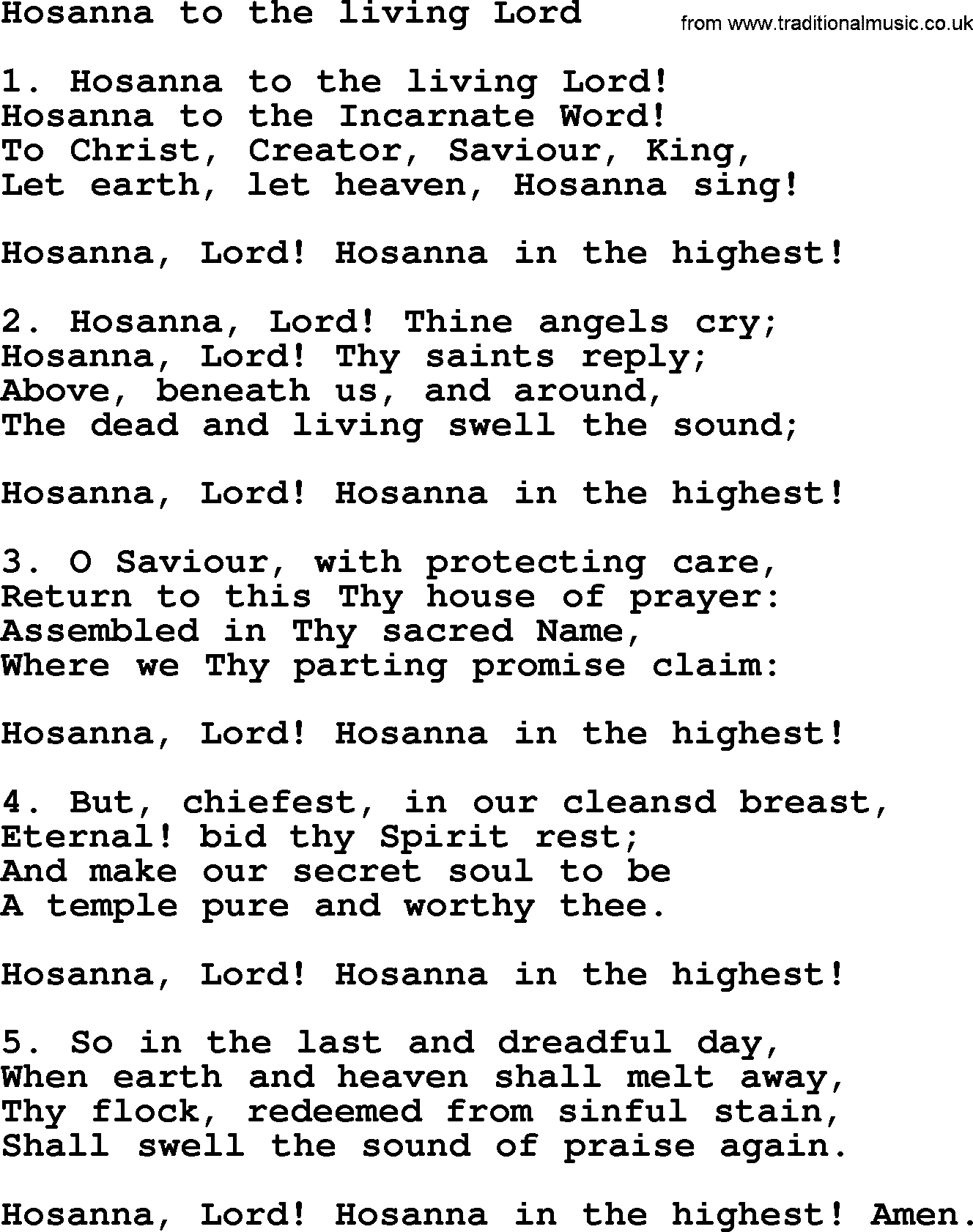 Advent Hymns, Hymn: Hosanna To The Living Lord, lyrics with PDF