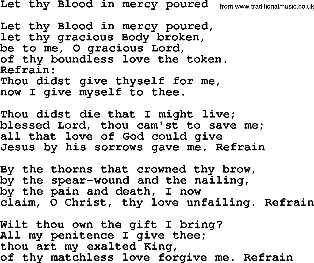 Advent Hymns, Hymn: Let Thy Blood In Mercy Poured, lyrics with PDF