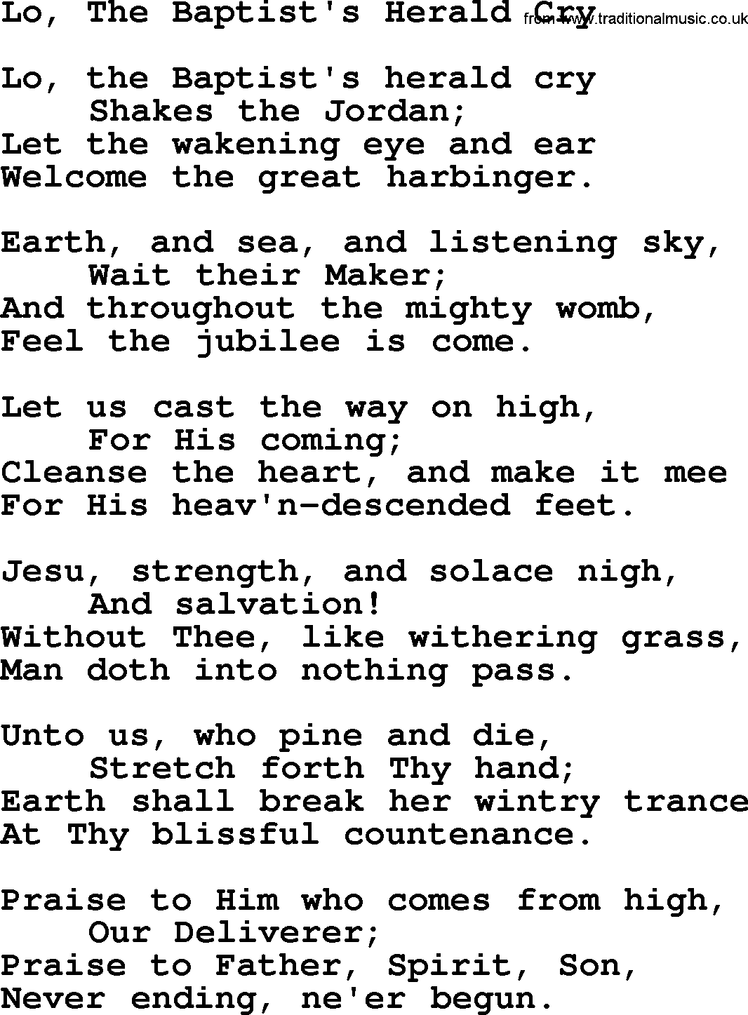 Advent Hymns, Hymn: Lo, The Baptist's Herald Cry, lyrics with PDF