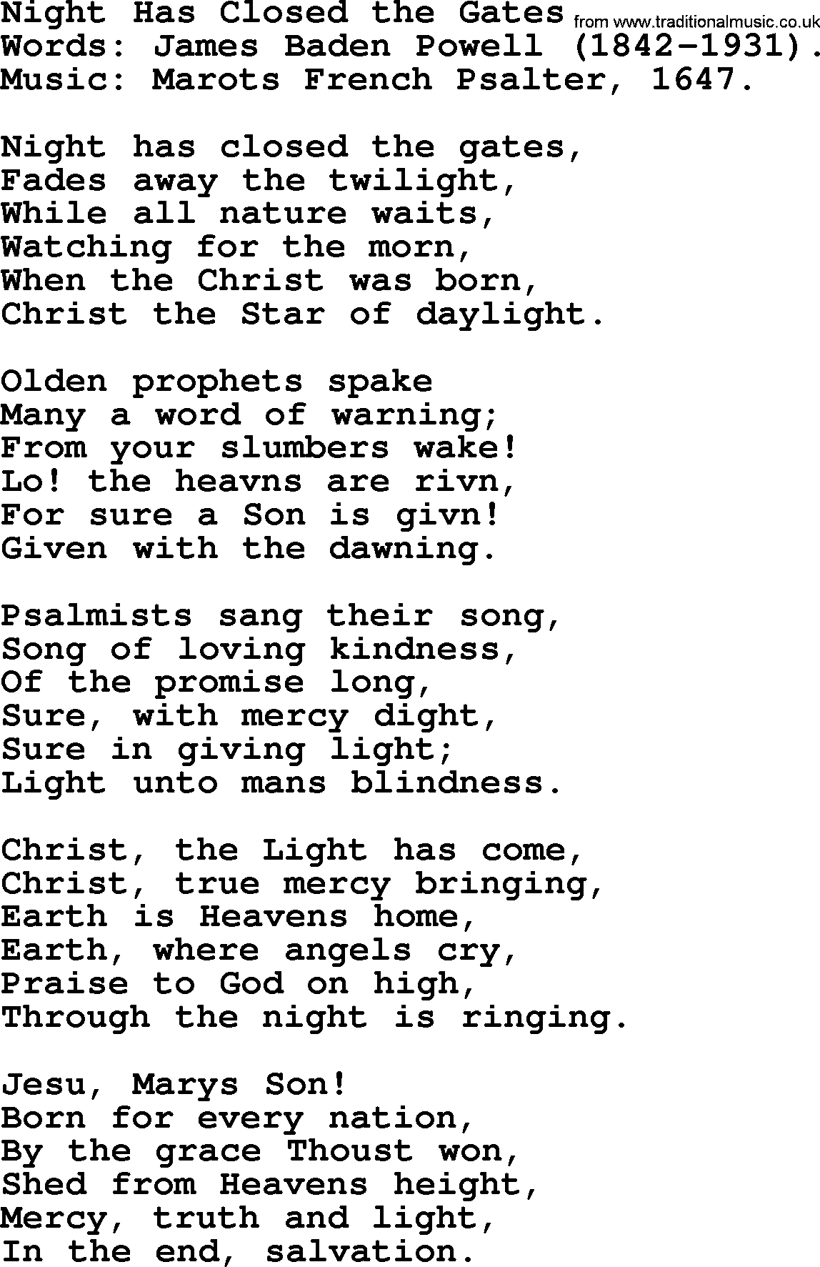Advent Hymns, Hymn: Night Has Closed The Gates, lyrics with PDF