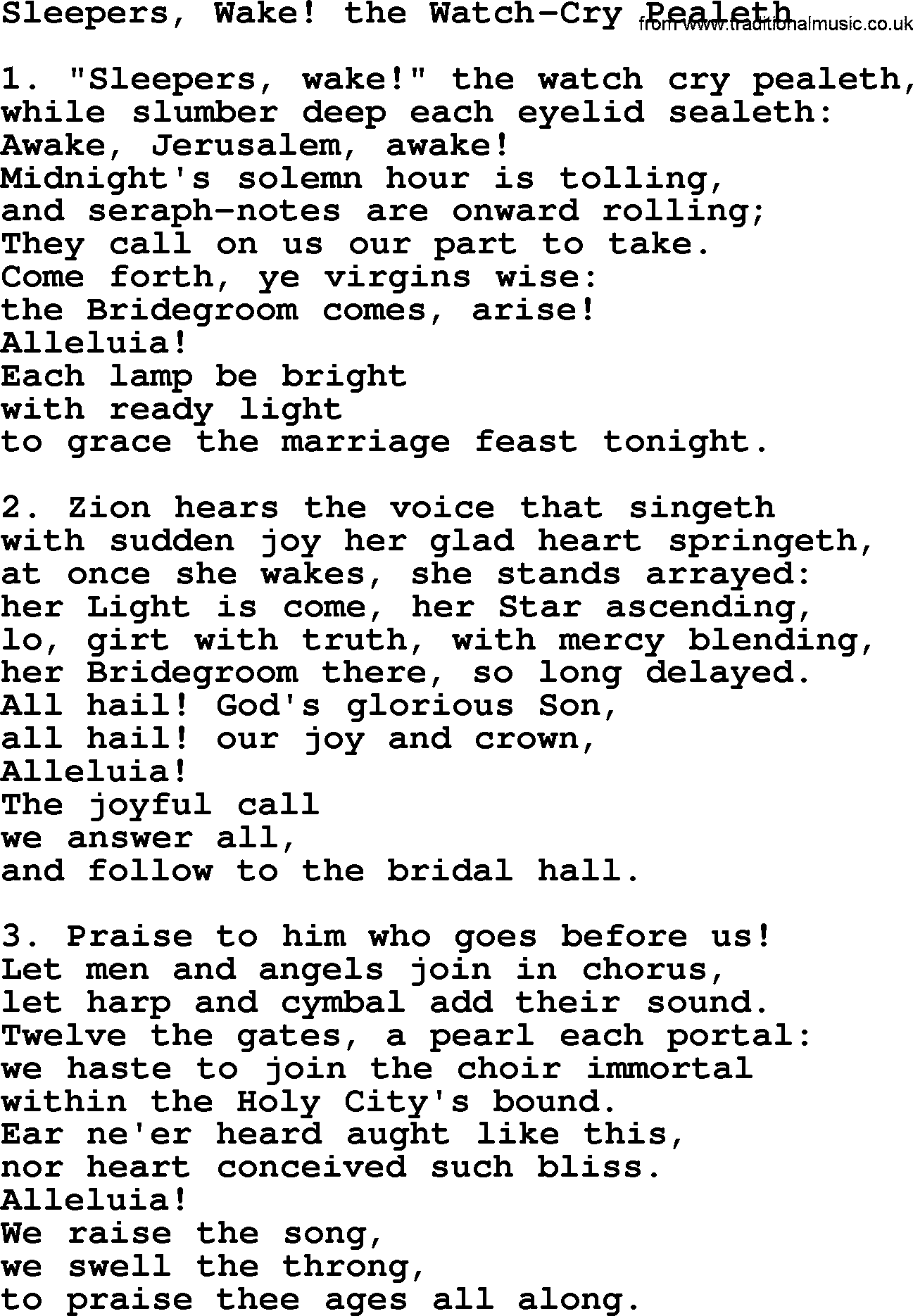 Advent Hymns, Hymn: Sleepers, Wake! The Watch-Cry Pealeth, lyrics with PDF