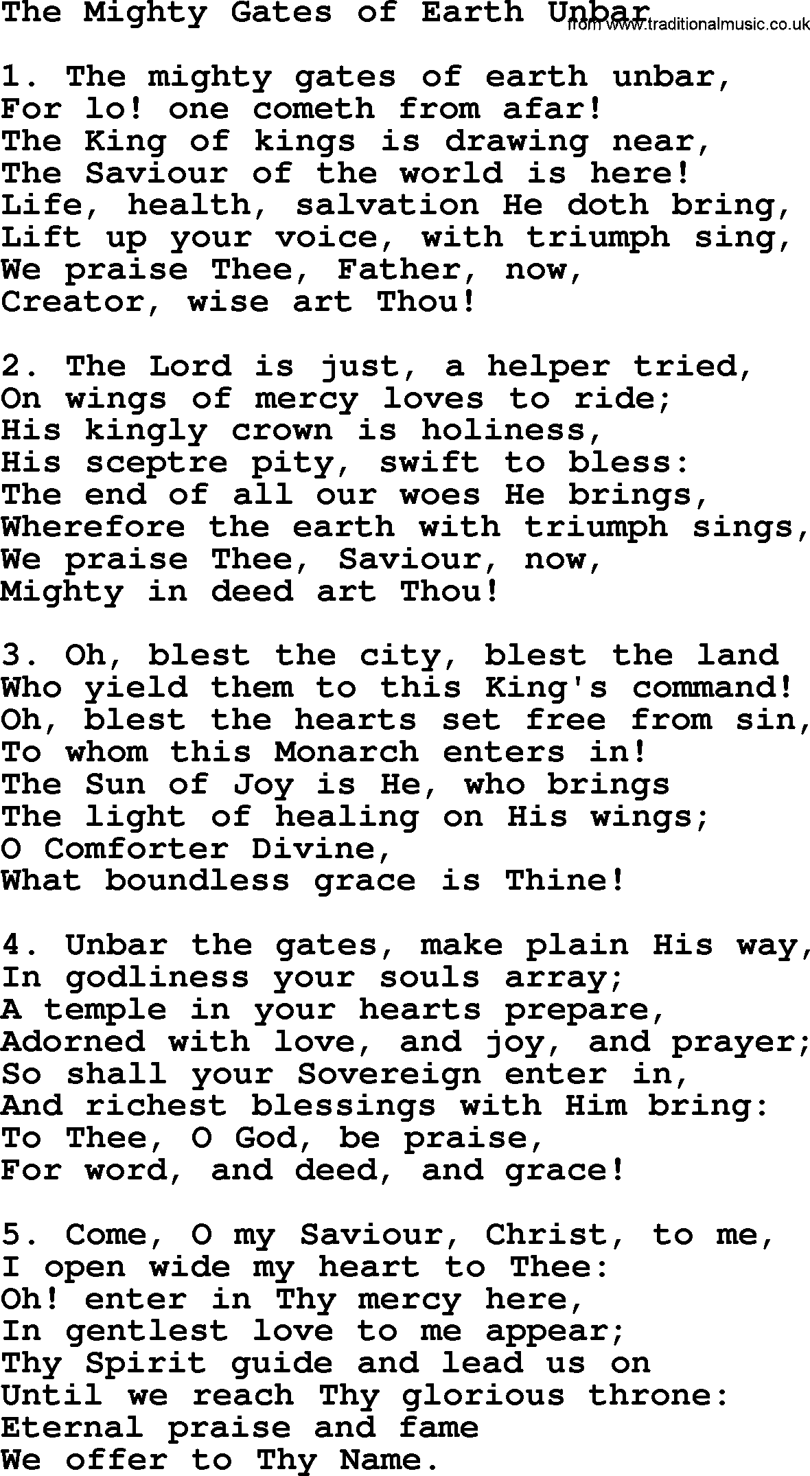 Advent Hymns, Hymn: The Mighty Gates Of Earth Unbar, lyrics with PDF